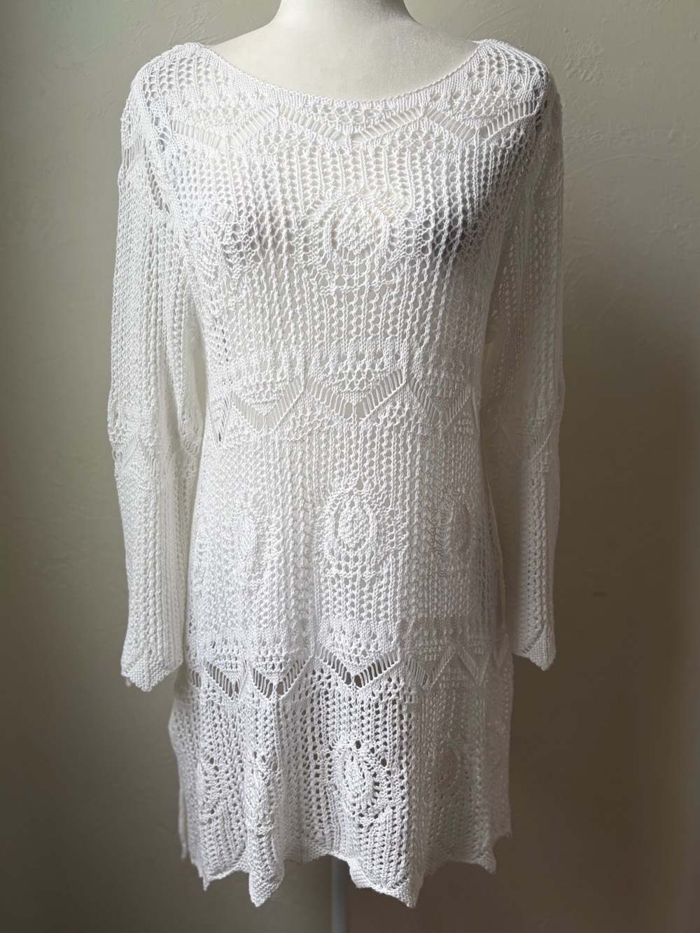 Jeanne Pierre White 100% Cotton Open Knit Tunic Sweater Large